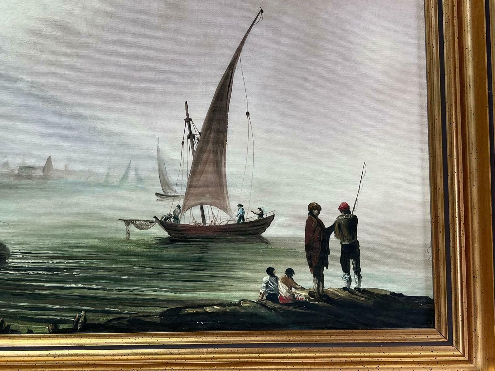 English Artistfishing At Dawn Old Trading Port With Many Figures Large Oil Painting photo 1838.0