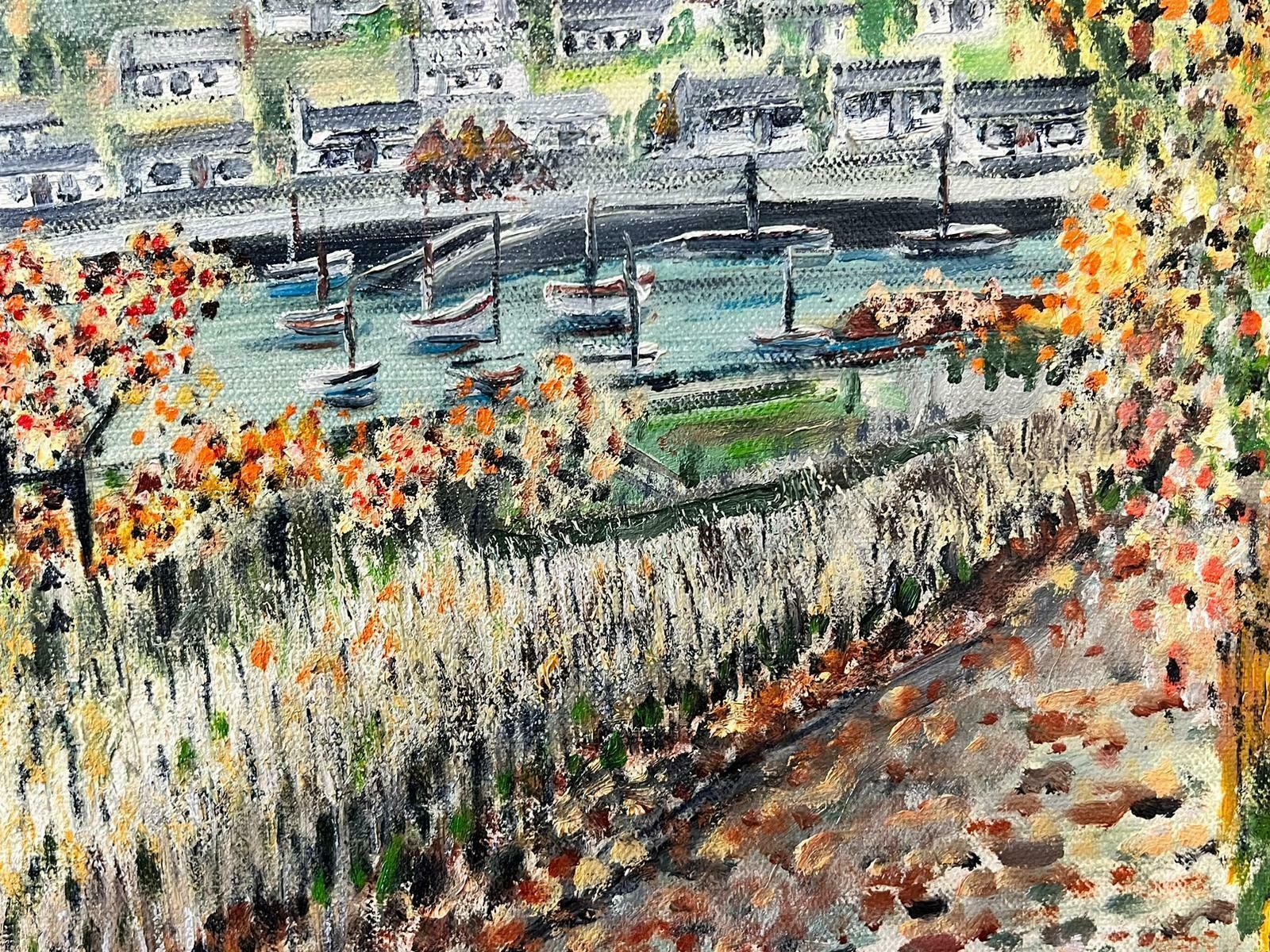 Contemporary British Pointillist Style River Landscape With Trees & Far Reaching View Of Town photo furniture