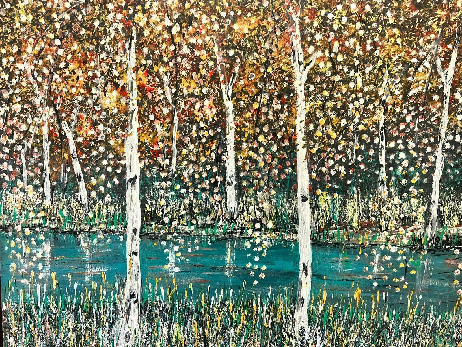 Contemporary British Modern British Symbolist Oil Painting Trees Dappled Light In Woodland photo vinterior