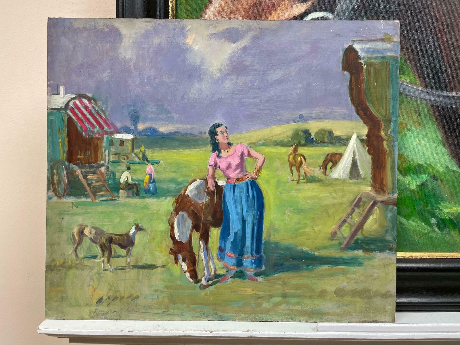 English Mid Century1950's English Oil Travelers Outside Gypsy Caravans With Horses In Landscape1950's photo furniture