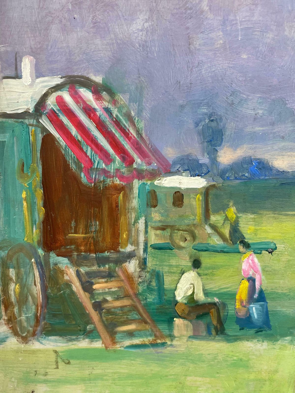 English Mid Century1950's English Oil Travelers Outside Gypsy Caravans With Horses In Landscape1950's photo Art