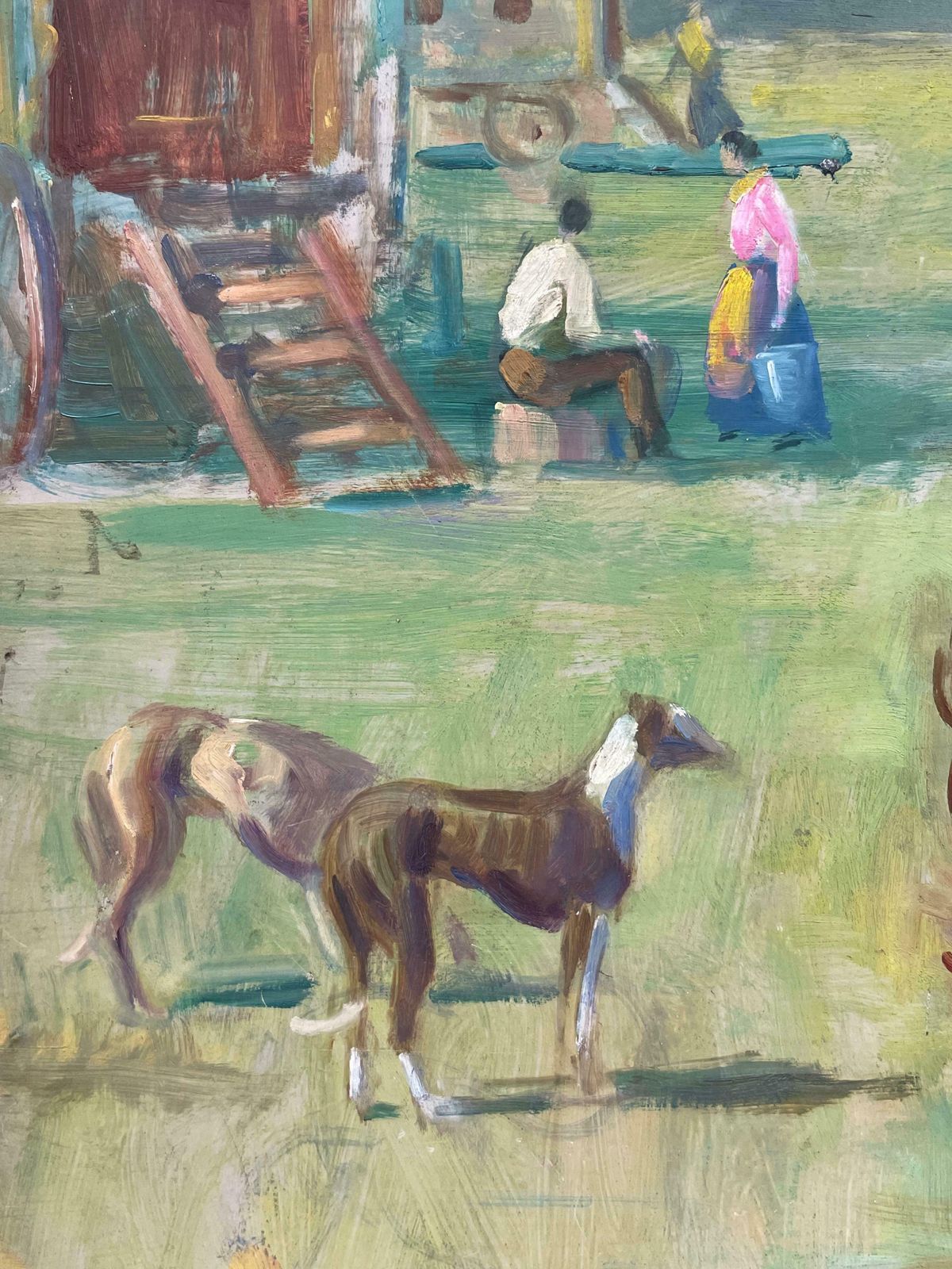 English Mid Century1950's English Oil Travelers Outside Gypsy Caravans With Horses In Landscape1950's photo 2043.0