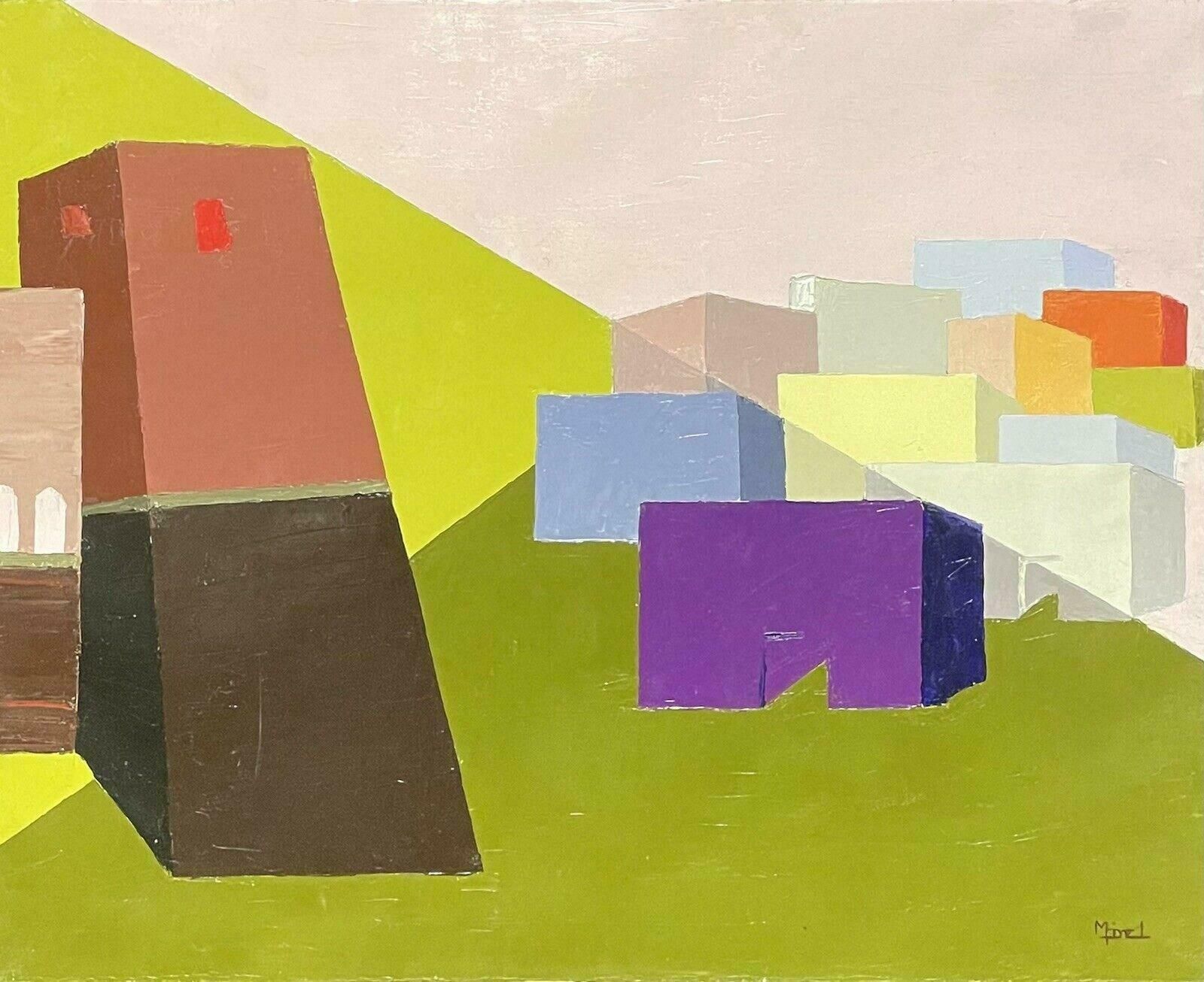 French Signedcontemporary French Cubist Abstract Geometric Composition Of Old Townc. 2010