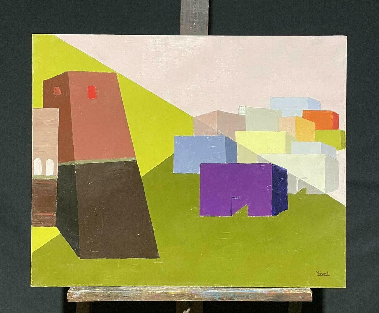 French Signedcontemporary French Cubist Abstract Geometric Composition Of Old Townc. 2010 photo furniture