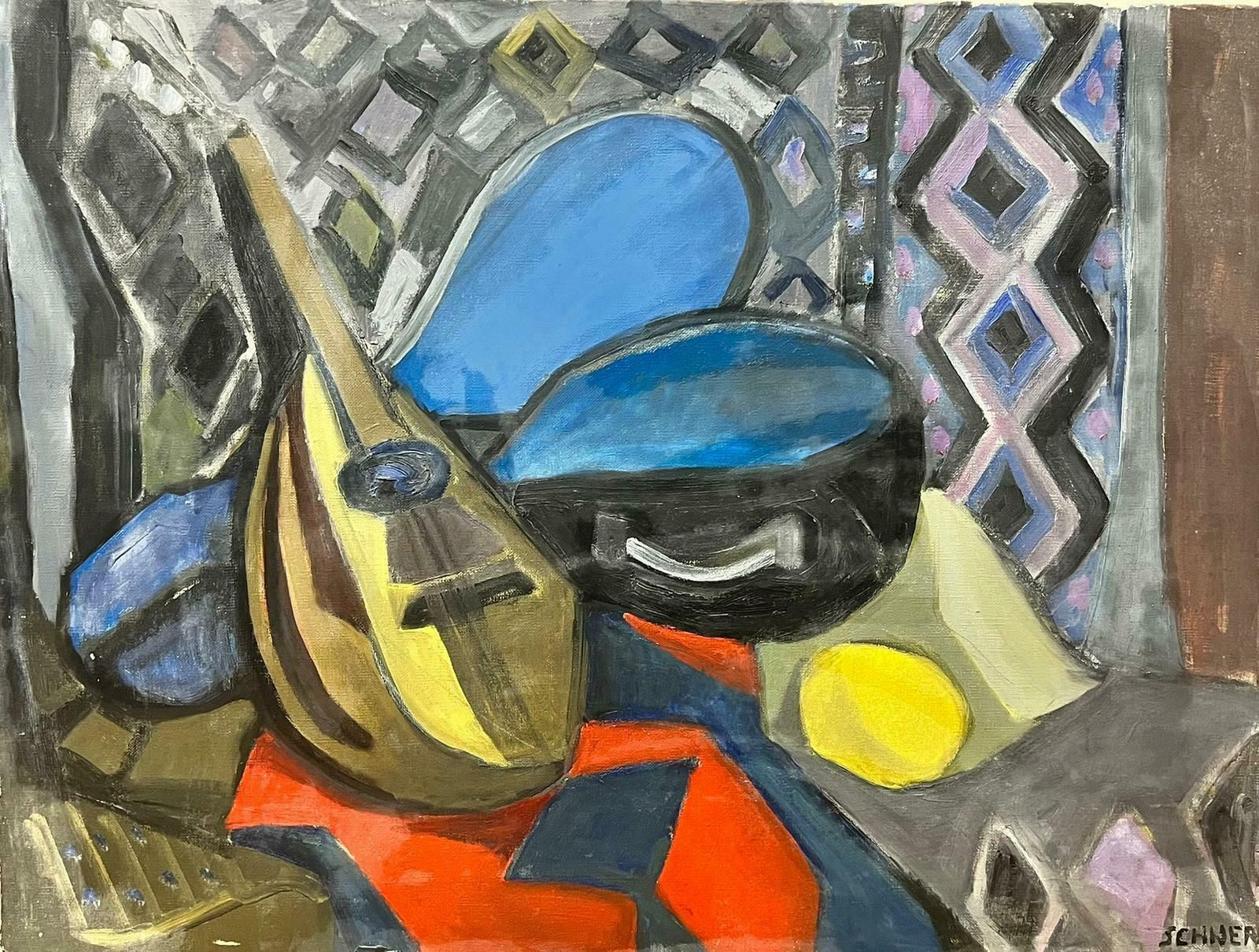 French Schoolmid Century French Cubist Still Life Oil Mandolin Abstract Interior Scene