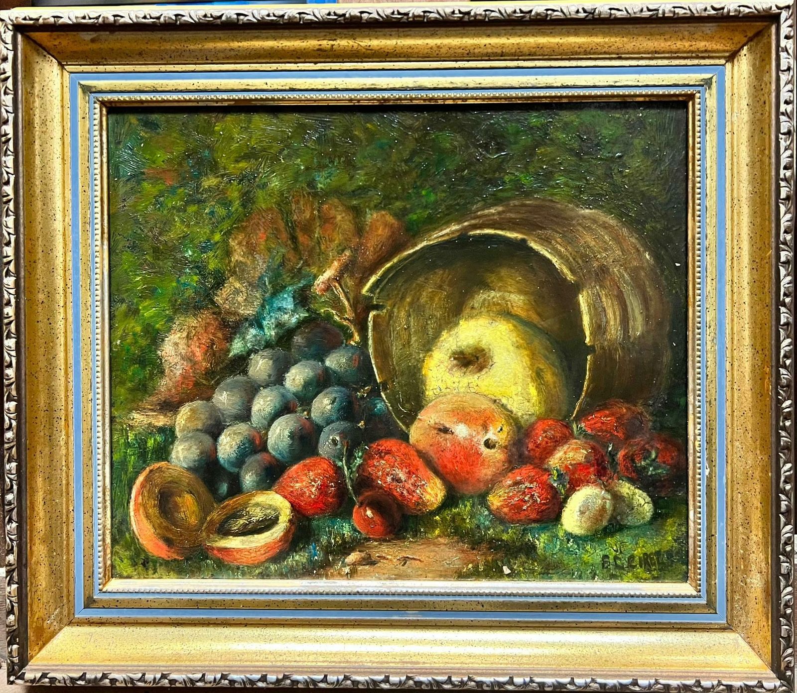 Still Life Of Fruit In A Barrel Grapes Apples Signed Antique Oil Painting photo furniture