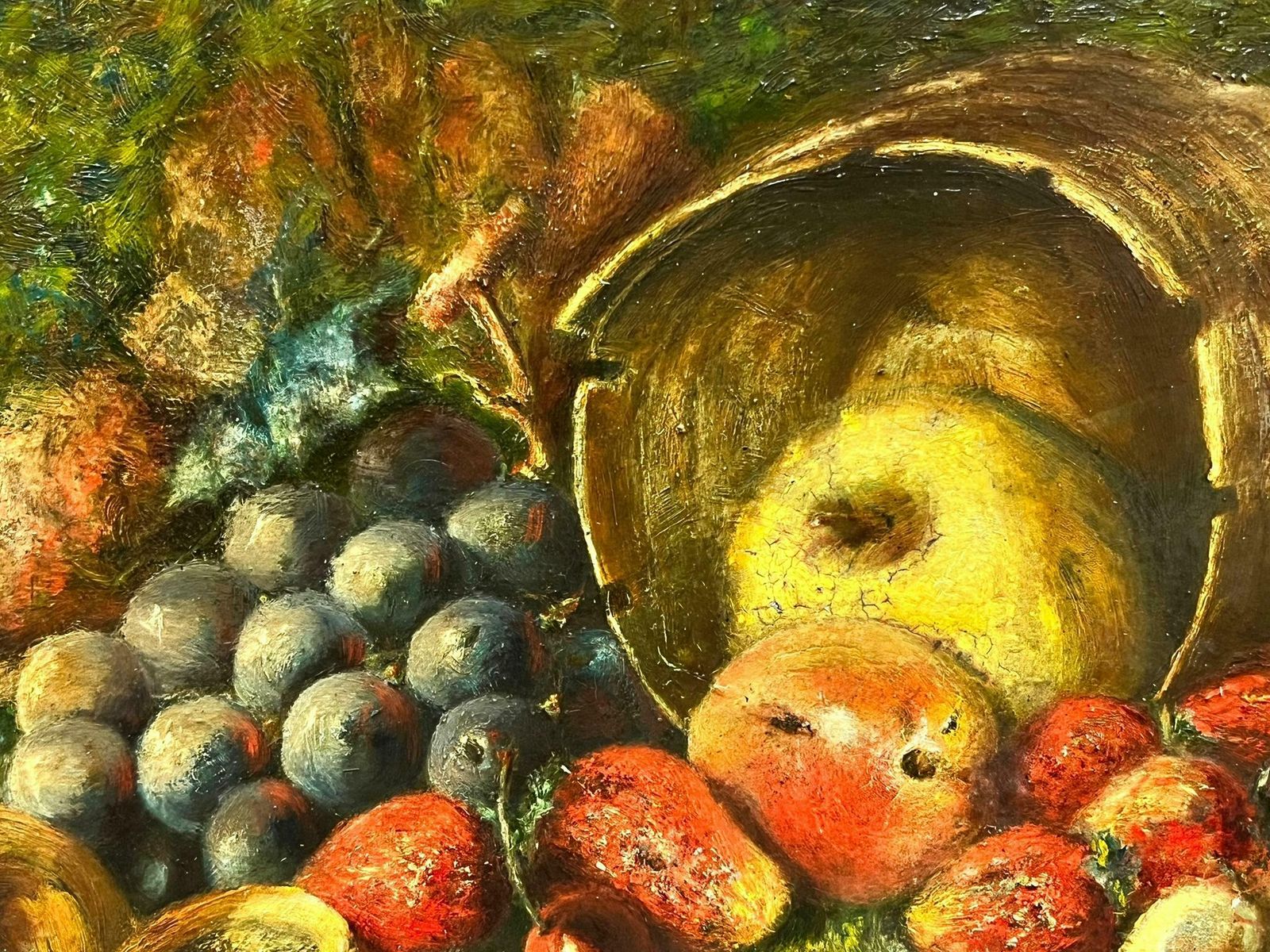 Still Life Of Fruit In A Barrel Grapes Apples Signed Antique Oil Painting photo for sale