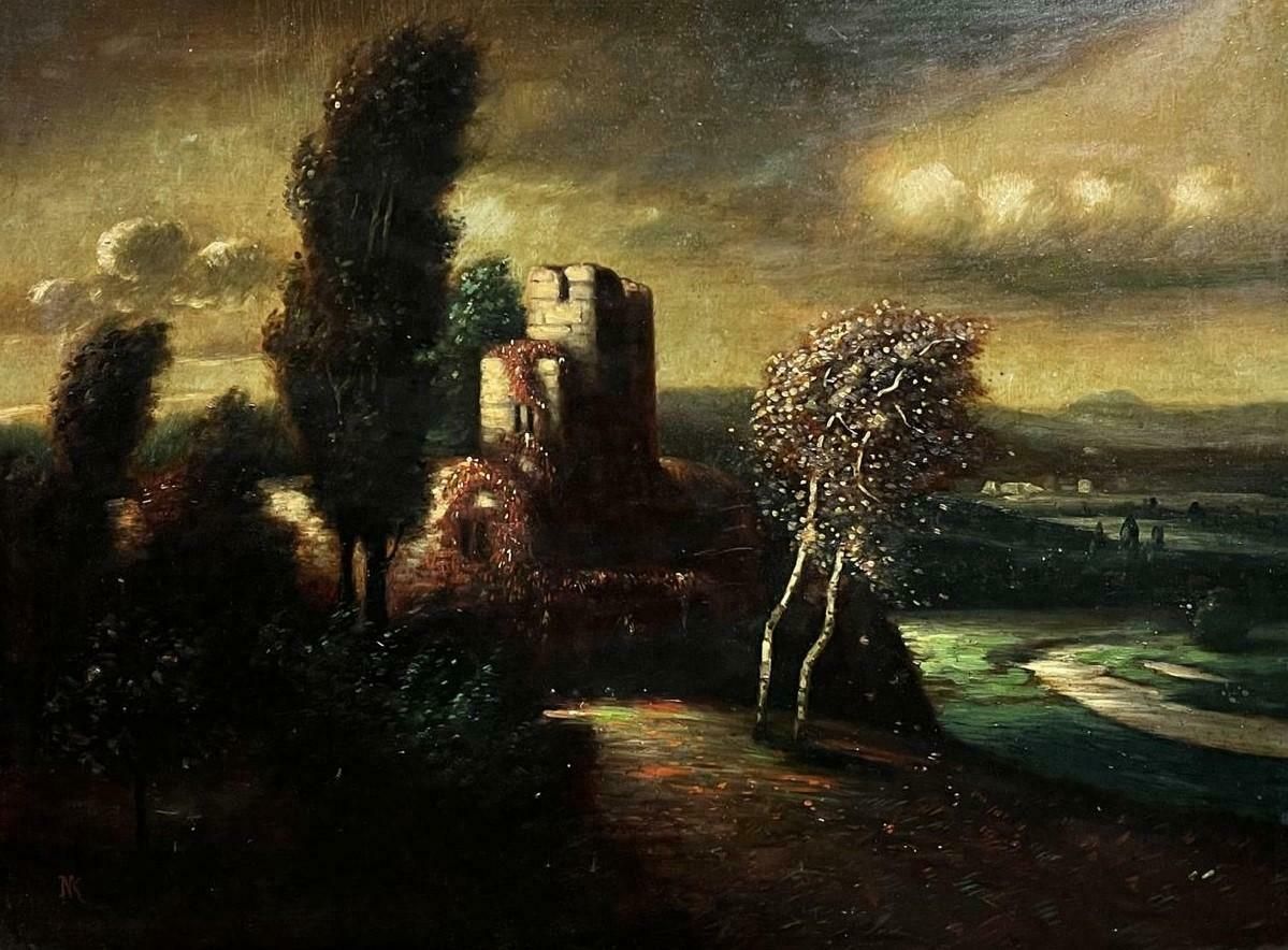 Continental Schoollarge Antique German Oil Painting Castle Ruins Twilight Landscape Gilt Framed photo furniture