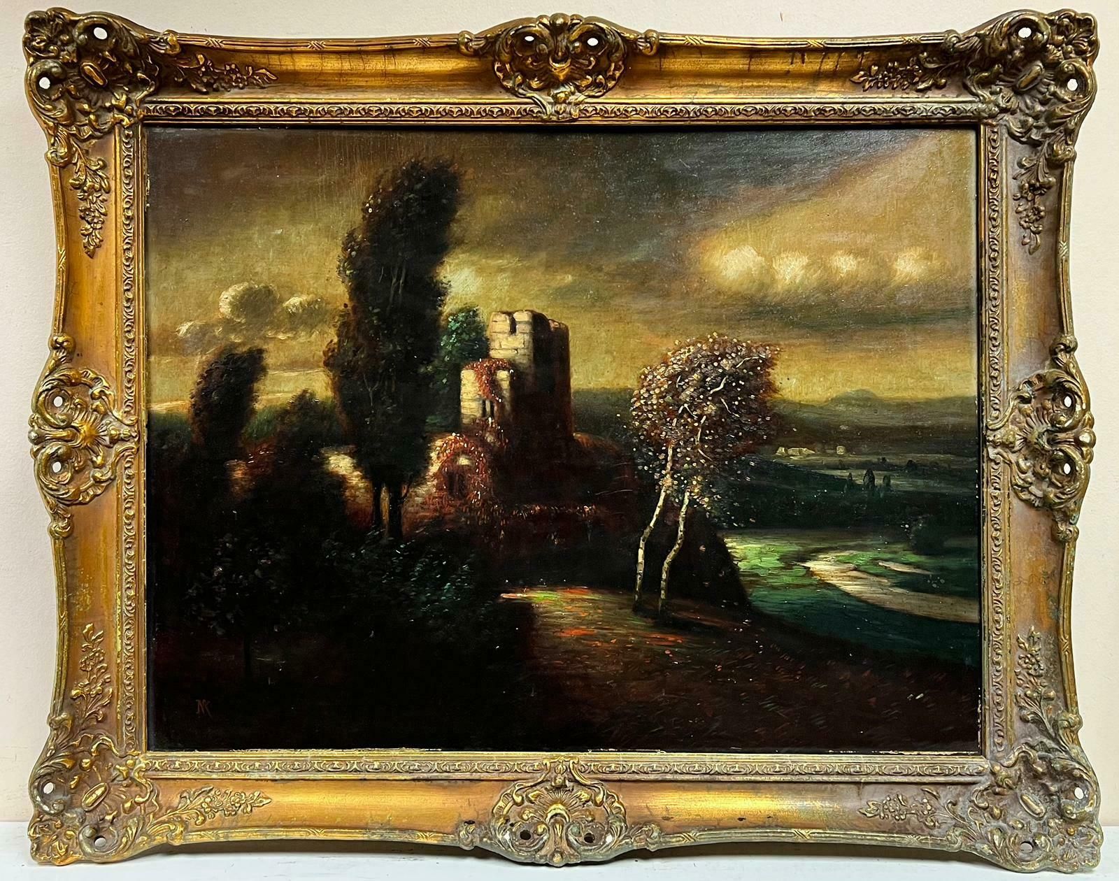 Continental Schoollarge Antique German Oil Painting Castle Ruins Twilight Landscape Gilt Framed photo for sale