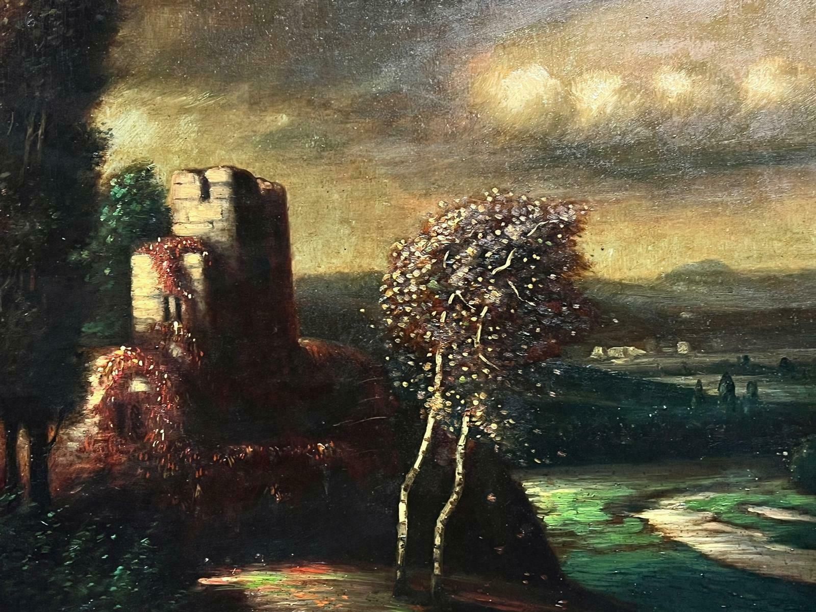 Continental Schoollarge Antique German Oil Painting Castle Ruins Twilight Landscape Gilt Framed photo Art