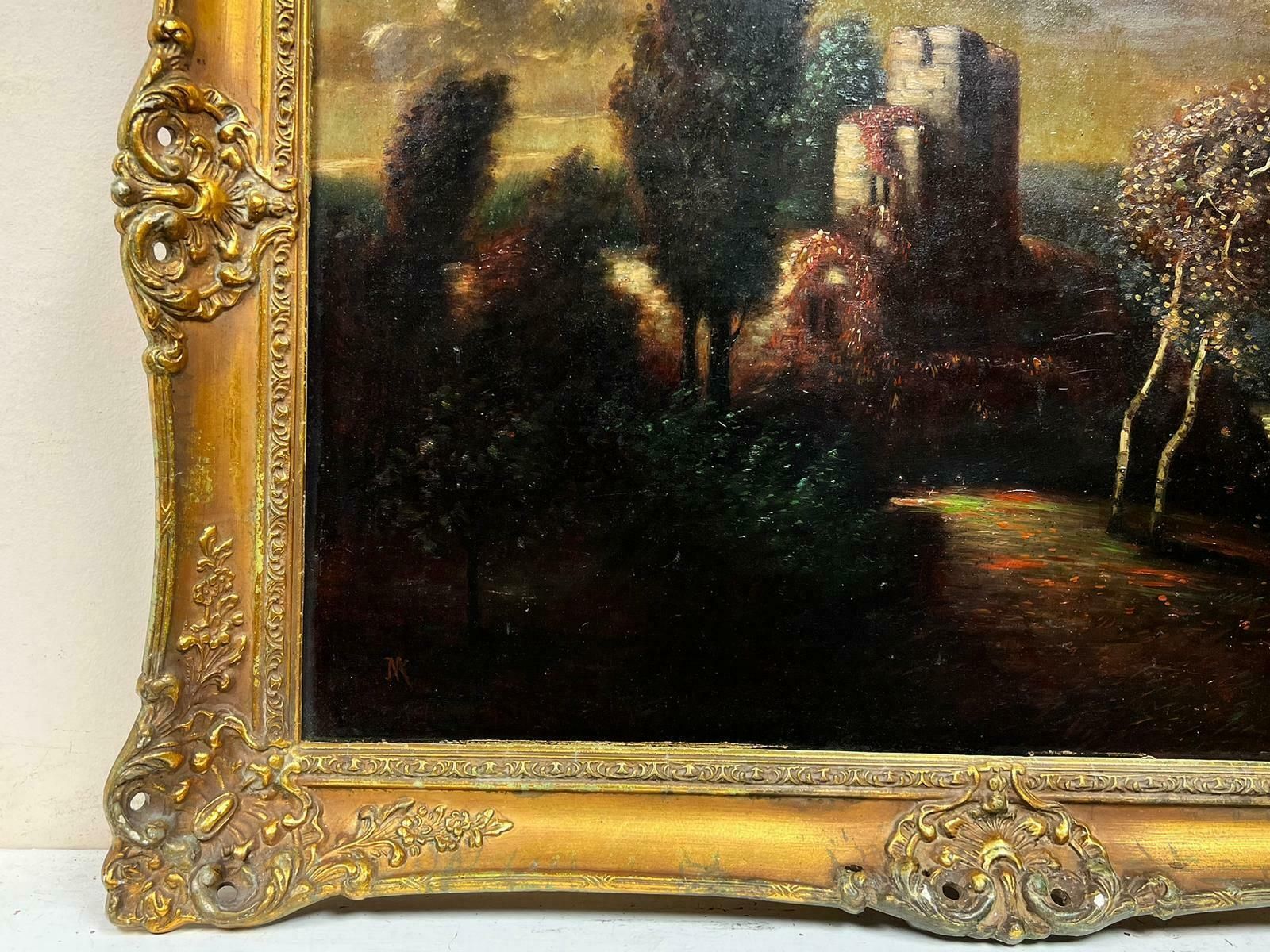 Continental Schoollarge Antique German Oil Painting Castle Ruins Twilight Landscape Gilt Framed photo 1384.0