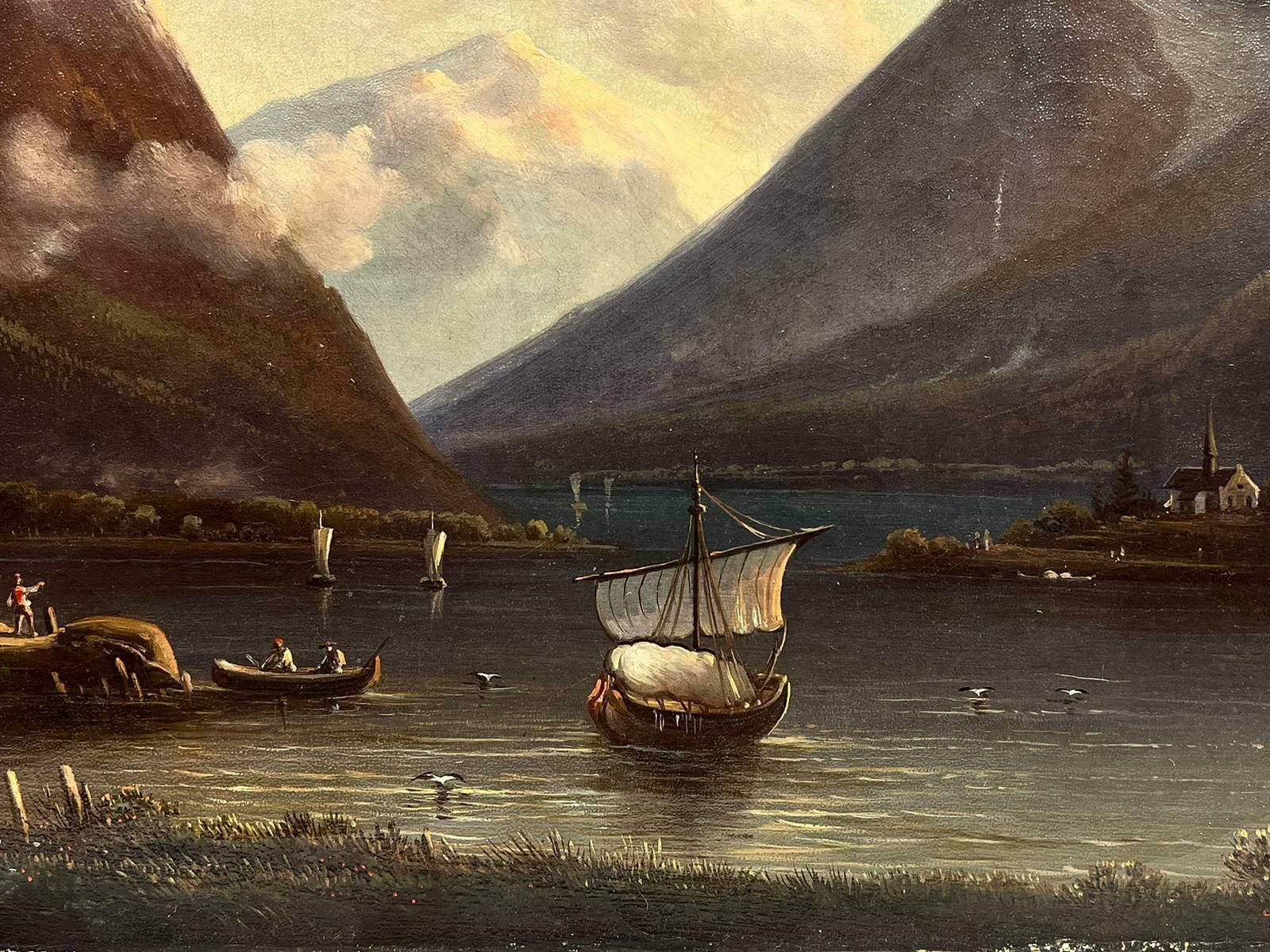 A.Buker19th Century German Lake Landscape Signed Oil Boats At Dusk photo furniture