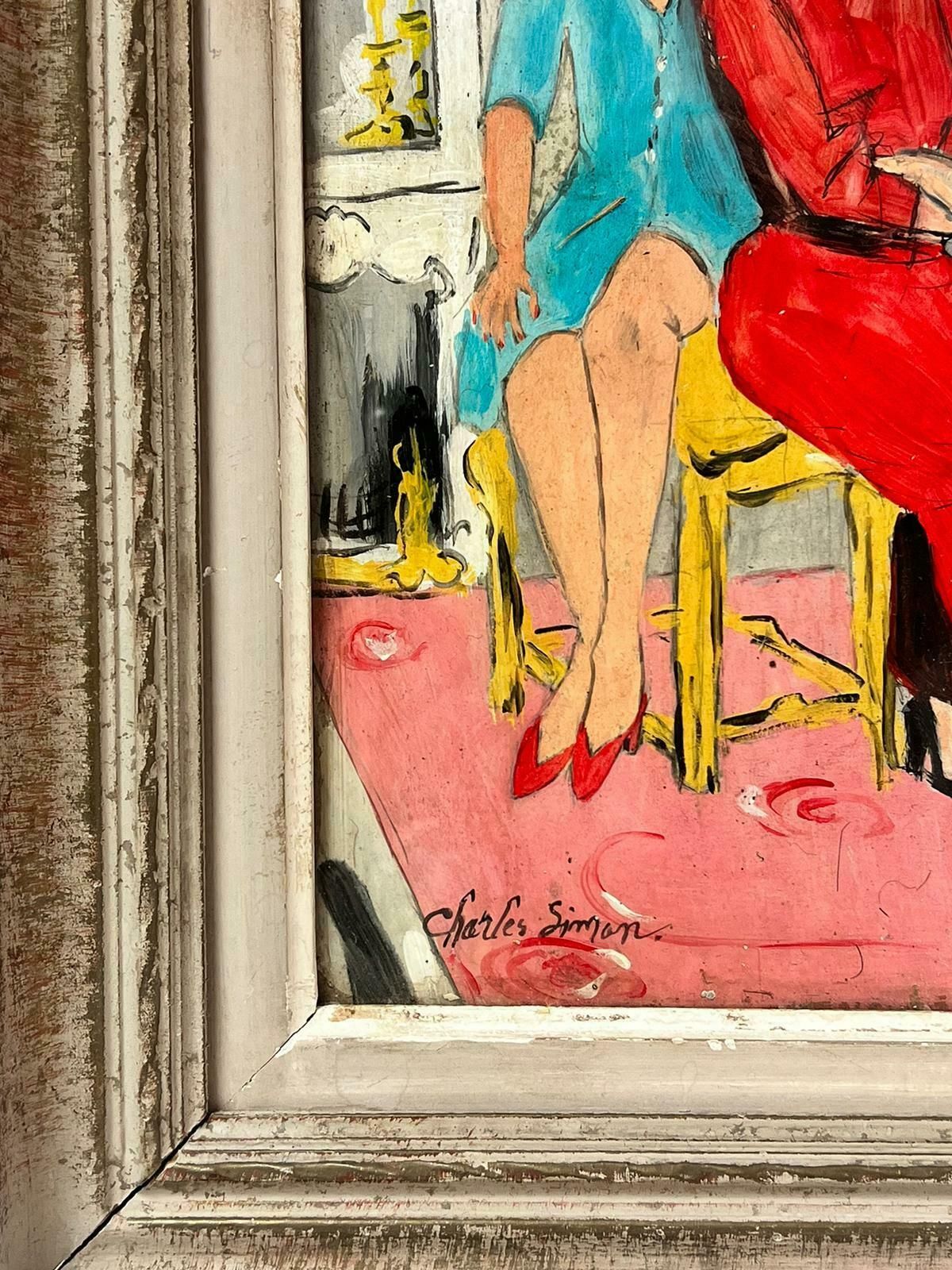 French School1960's French Modernist Signed Painting Two Fashionable Ladies In Interior Room photo Art
