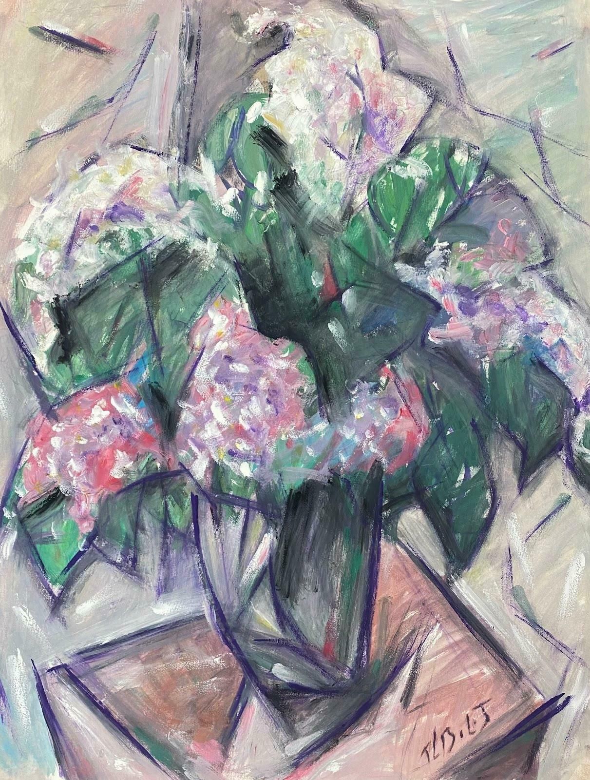 Paul Louis Bolot (French 1918 2003)20th Century French Modernist Gouache Painting Pink Dahlias Placed On Table20th Century photo furniture