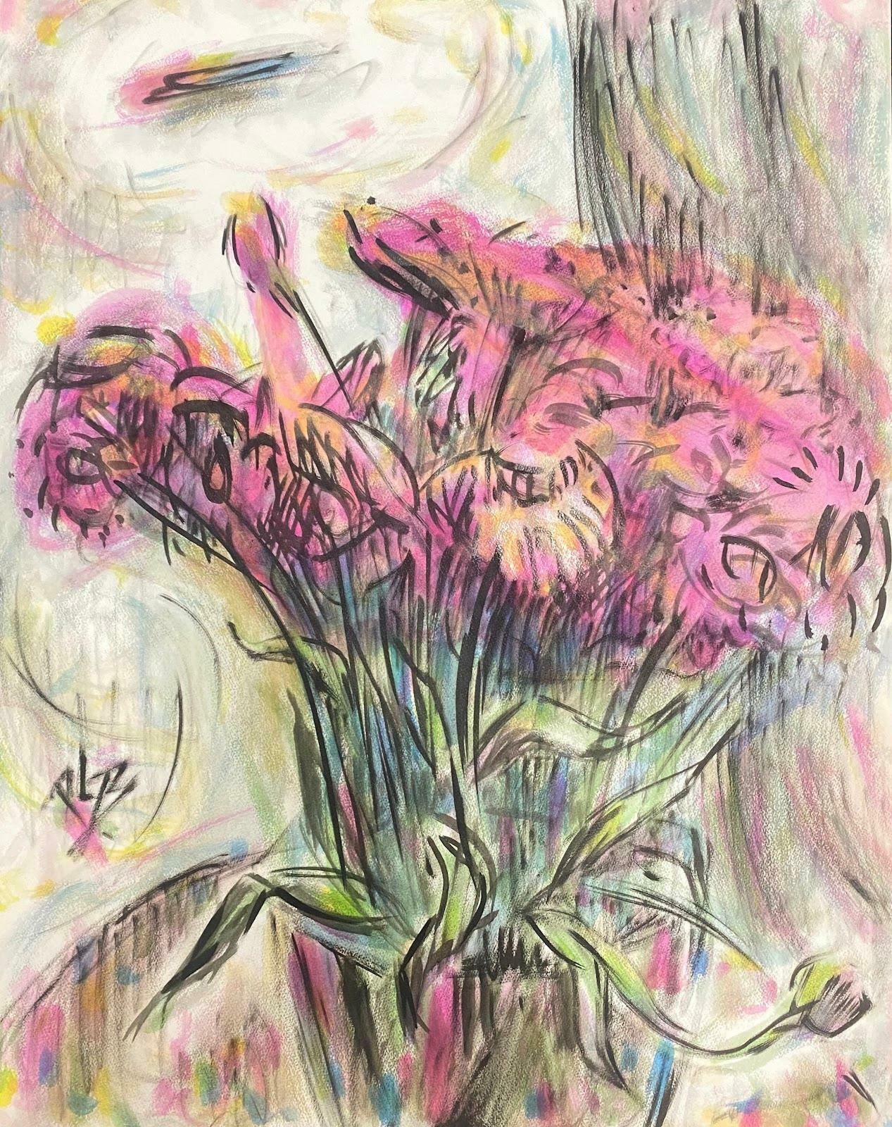 Paul Louis Bolot (French 1918 2003)french Painting Of A Tall Bunch Of Pink And Orange Flowers20th Century (1968) photo for sale