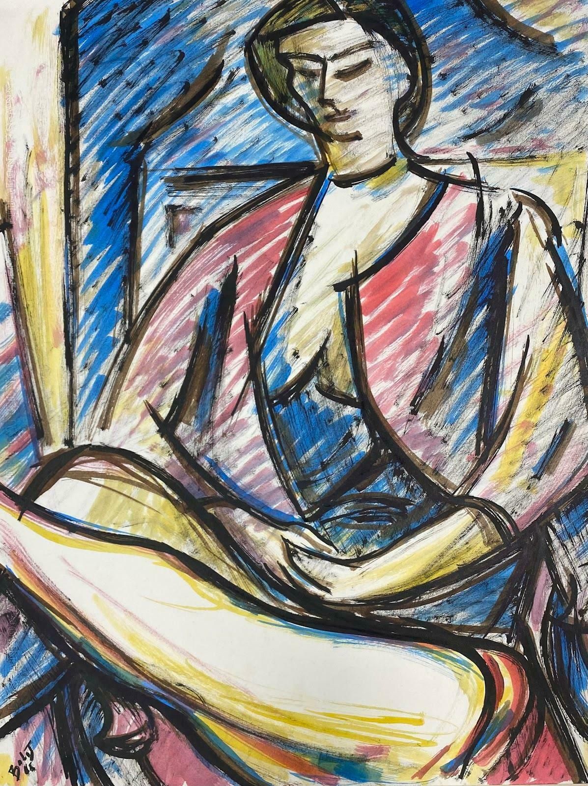 Paul Louis Bolot (French 1918 2003)20th Century French Modernist Painting Blue & Red Posed Figure Seated20th Century (1968)