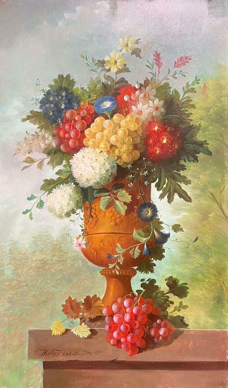 Thomas Webstervery Large Profusion Of Flowers Classical Still Life Stone Urn Oil Painting1990's