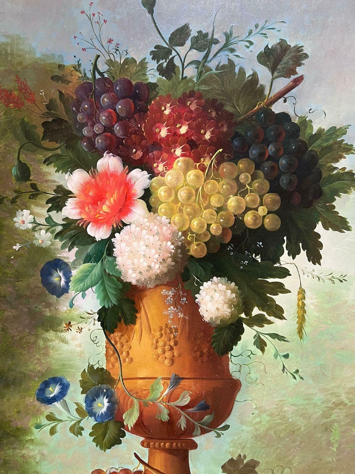 Thomas Websterhuge Classical Still Life Flowers & Fruit Still Life In Stone Urn Oil Painting 1990's photo for sale
