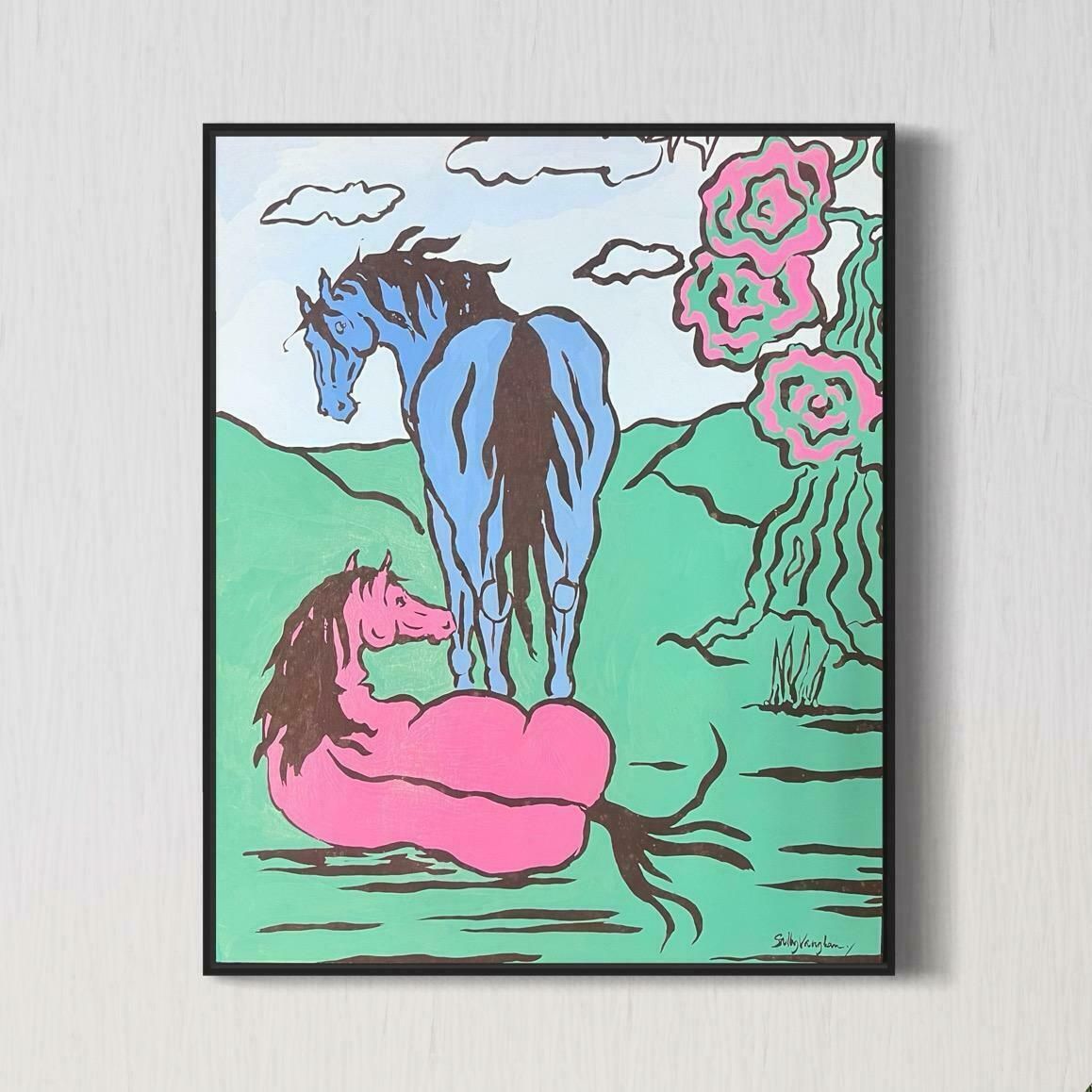 Sally Vaughancontemporary British Abstract Original Painting Pink And Blue Horse1990 photo furniture