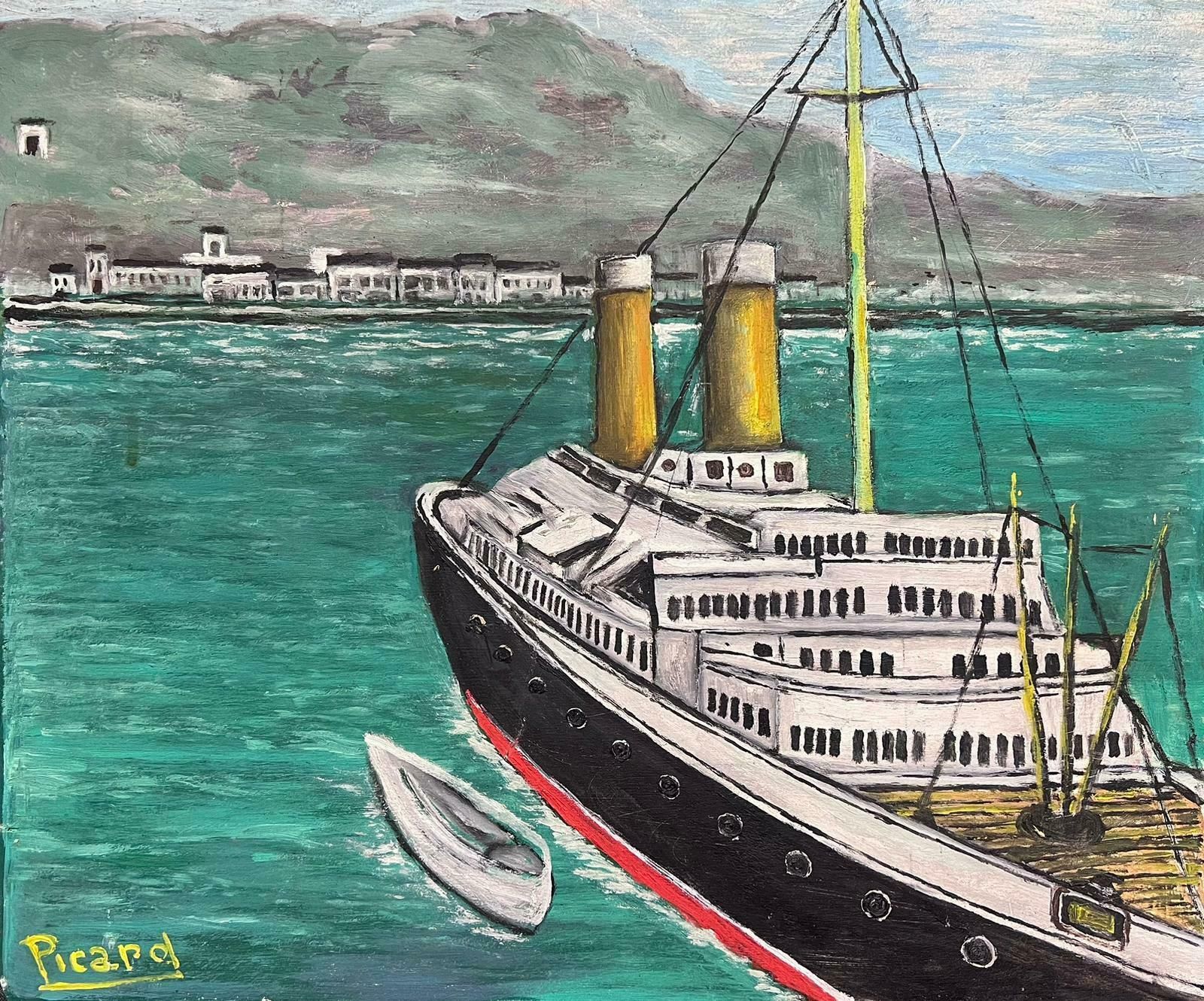 French Mid Century 1950's French Signed Modernist Oil Painting Large Ship Off The Coastline1950's