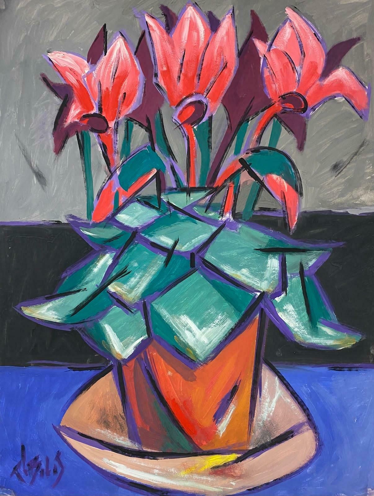 Paul Louis Bolot (French 1918 2003)1970's French Modernist Painting Geometric Style Red Tulips In Terracota20th Century (1976)