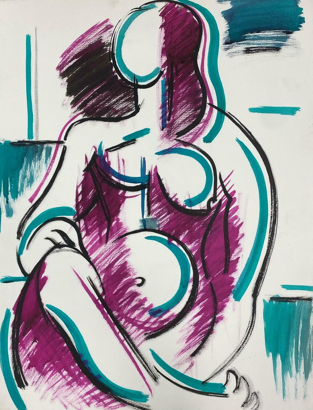 Paul Louis Bolot (French 1918 2003)20th Century French Modernist Painting Purple Pink & Teal Green Abstract Nude 20th Century photo furniture