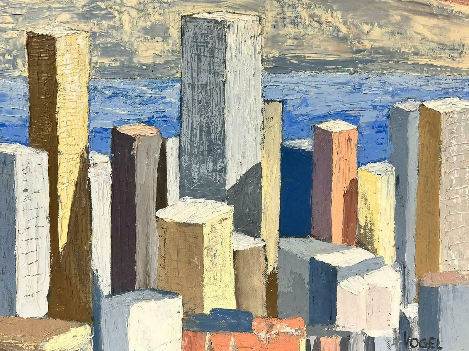 French Schoolsan Francisco 1970's Cubist Abstract City Skyline Oil Painting, Signed & Framed photo vinterior