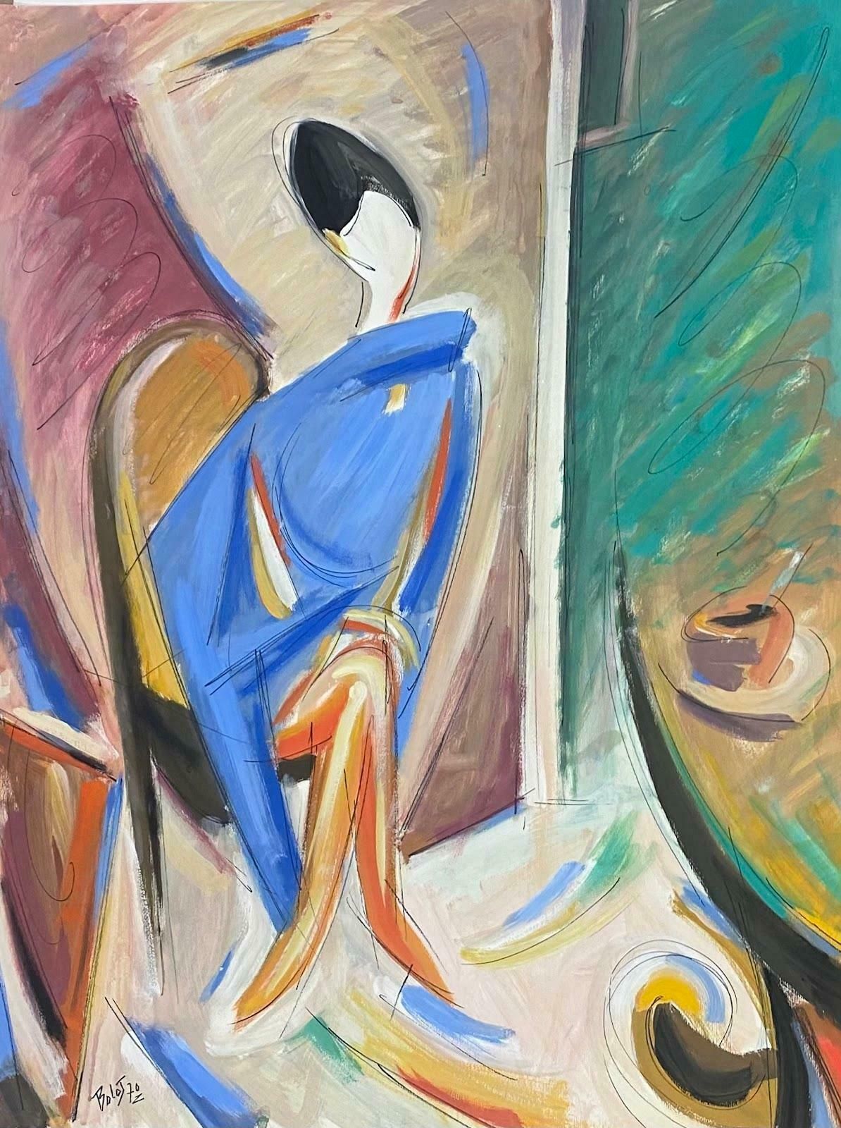 Paul Louis Bolot (French 1918 2003)20th Century French Modernist Gouache Painting Stylish Lady In Blue Dress1970