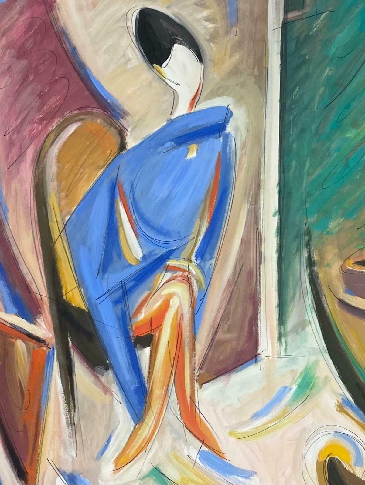 Paul Louis Bolot (French 1918 2003)20th Century French Modernist Gouache Painting Stylish Lady In Blue Dress1970 photo furniture