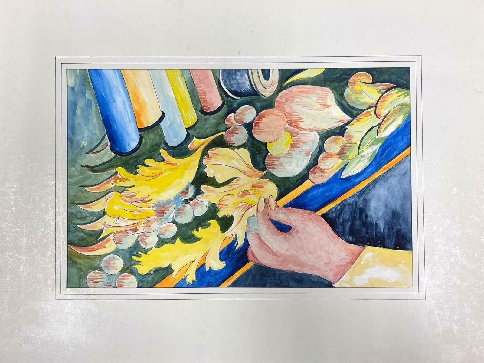 Bernard Labbe1950's Modernist Painting Hands Threading The Needle 1950's photo furniture