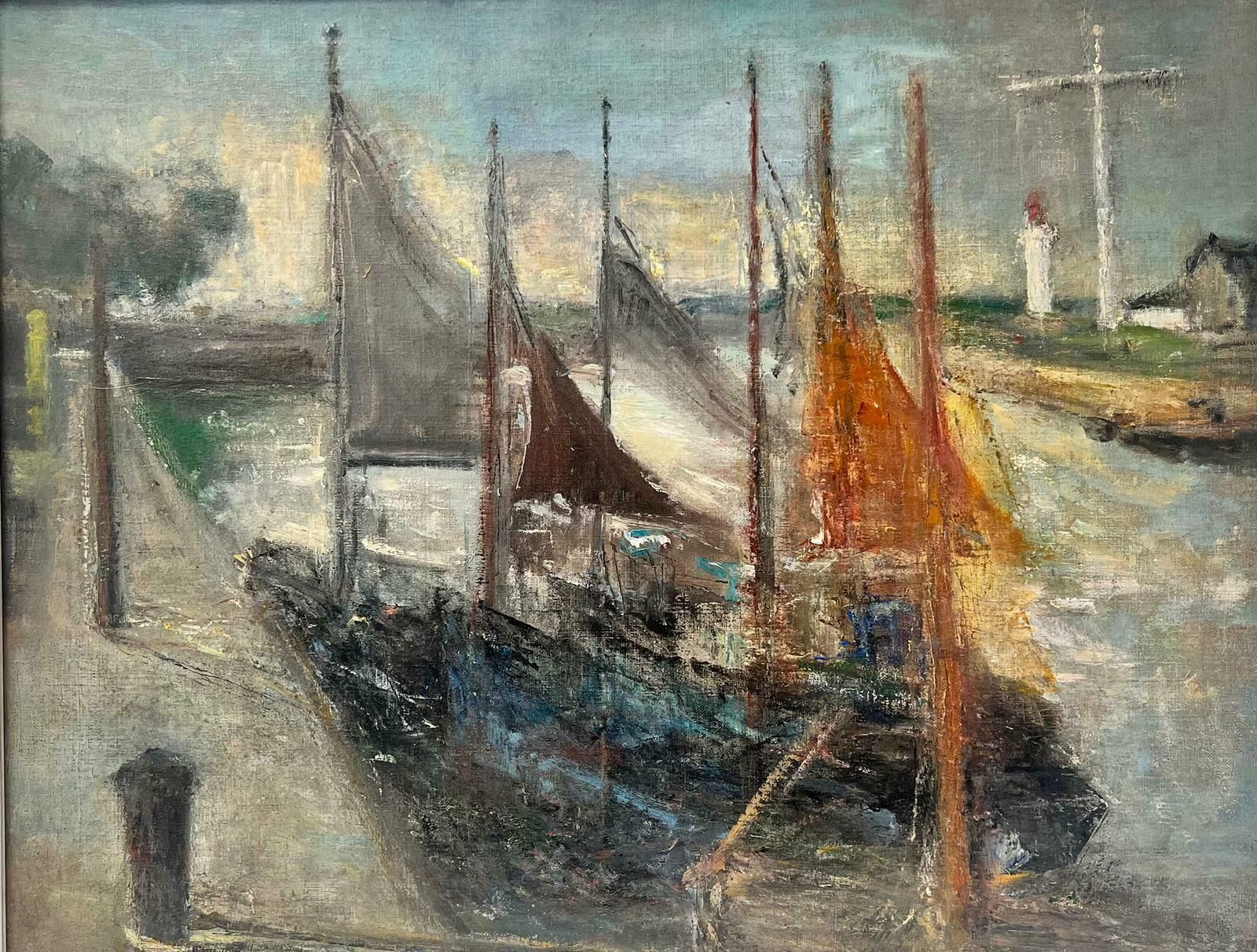 French Schoolmid Century French Post Impressionist Oil Boats Moored Estuary Scene, Framed1950's photo furniture