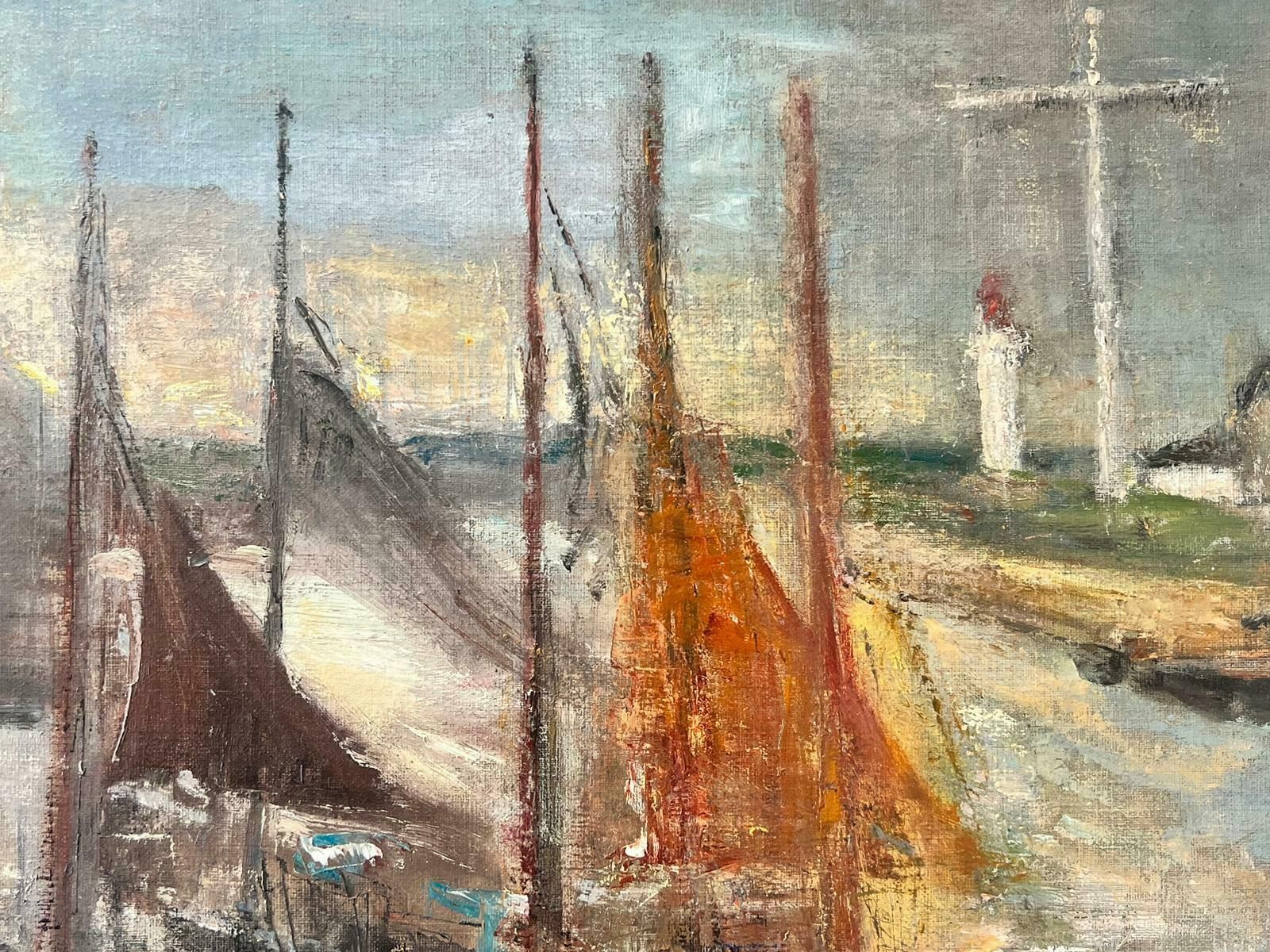 French Schoolmid Century French Post Impressionist Oil Boats Moored Estuary Scene, Framed1950's photo Art