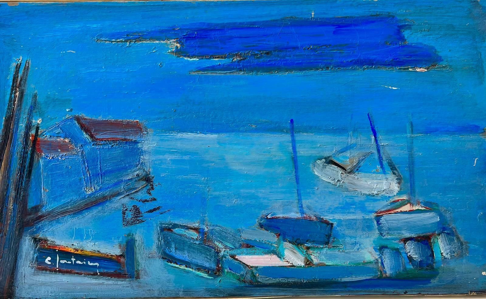 French School1950's French Modernist Signed Oil On Canvas Boats In A Blue Harbor Coastal View