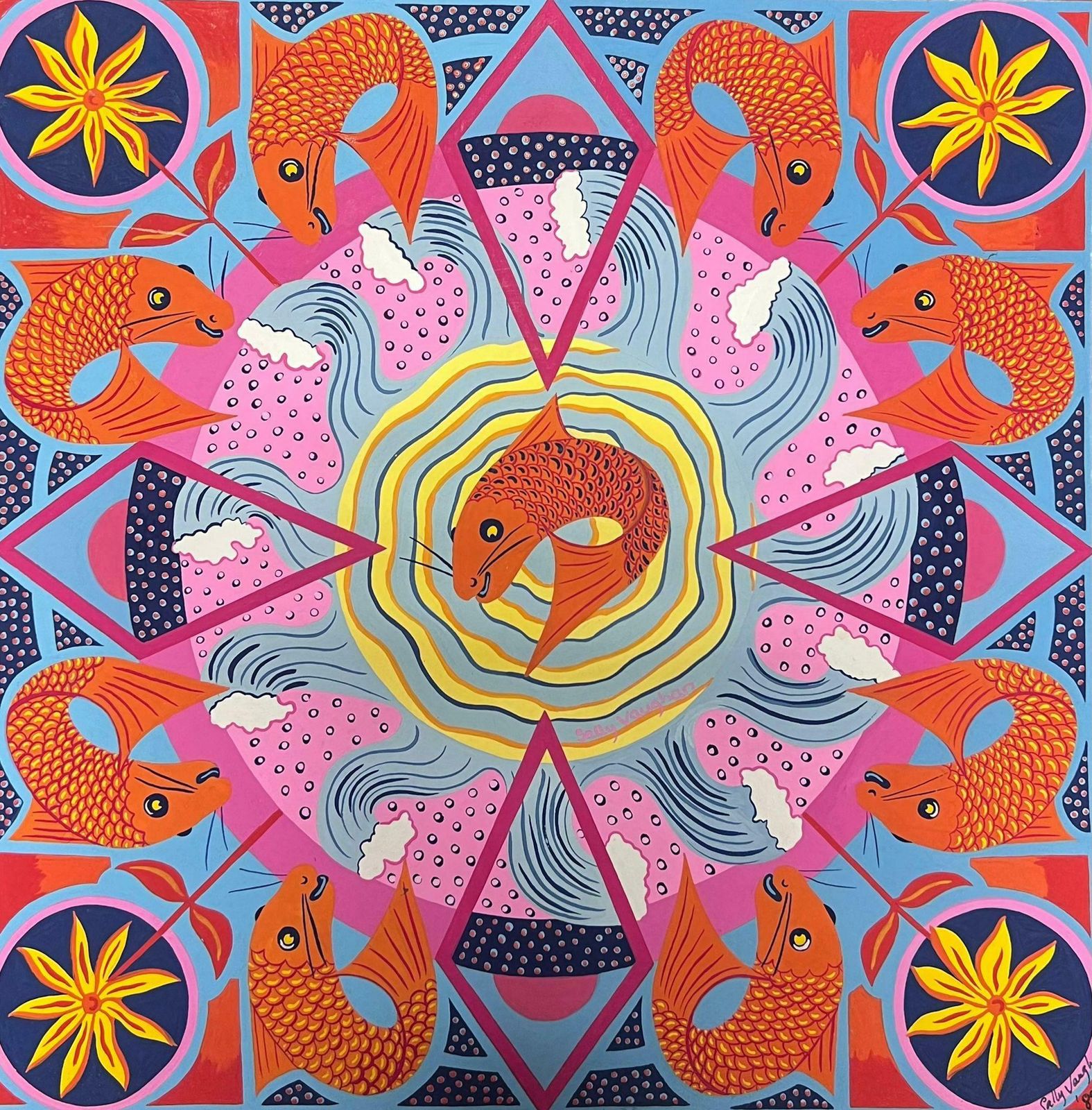 Sally Vaughancontemporary British Abstract Original Painting Gold Fish Wall Paper Design1990