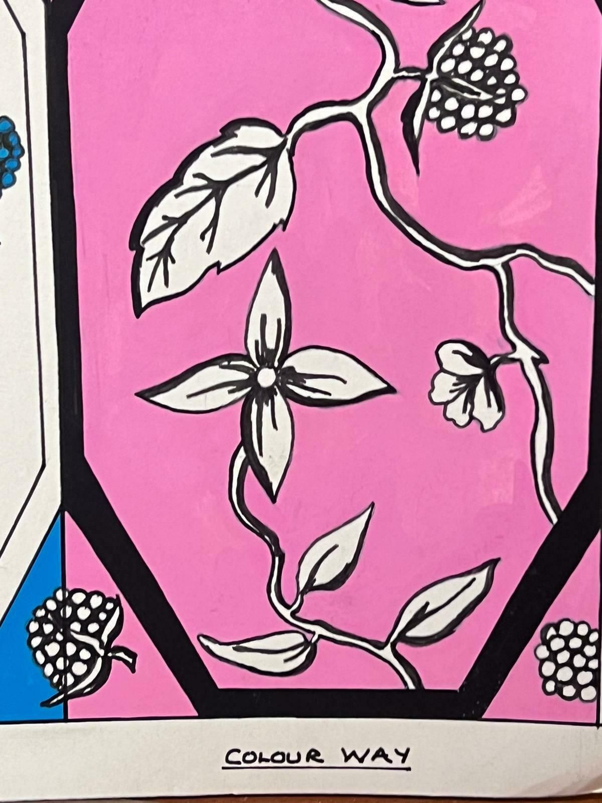 Sally Vaughancontemporary British Original Painting Blue, White And Pink Flower Design1990 photo for sale