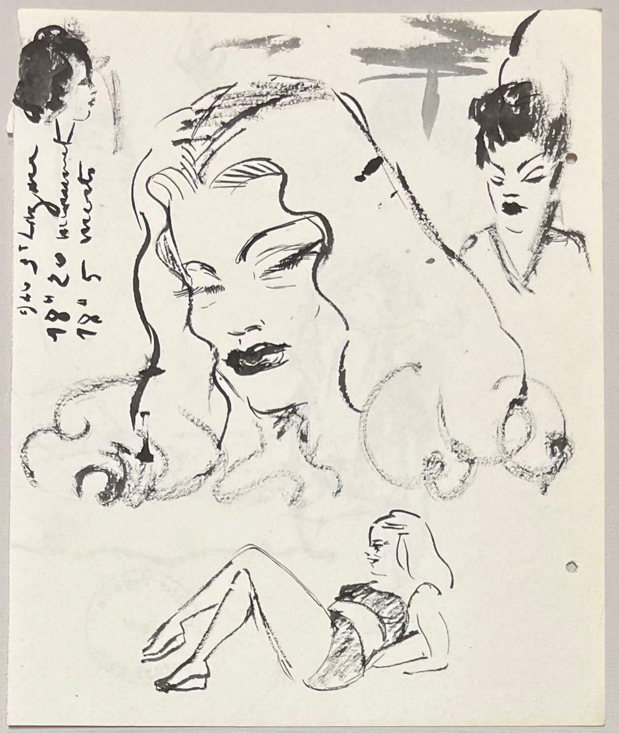 Josine Vignonmid Century French Ink Studies Of Study Of Female Faces1950's photo furniture