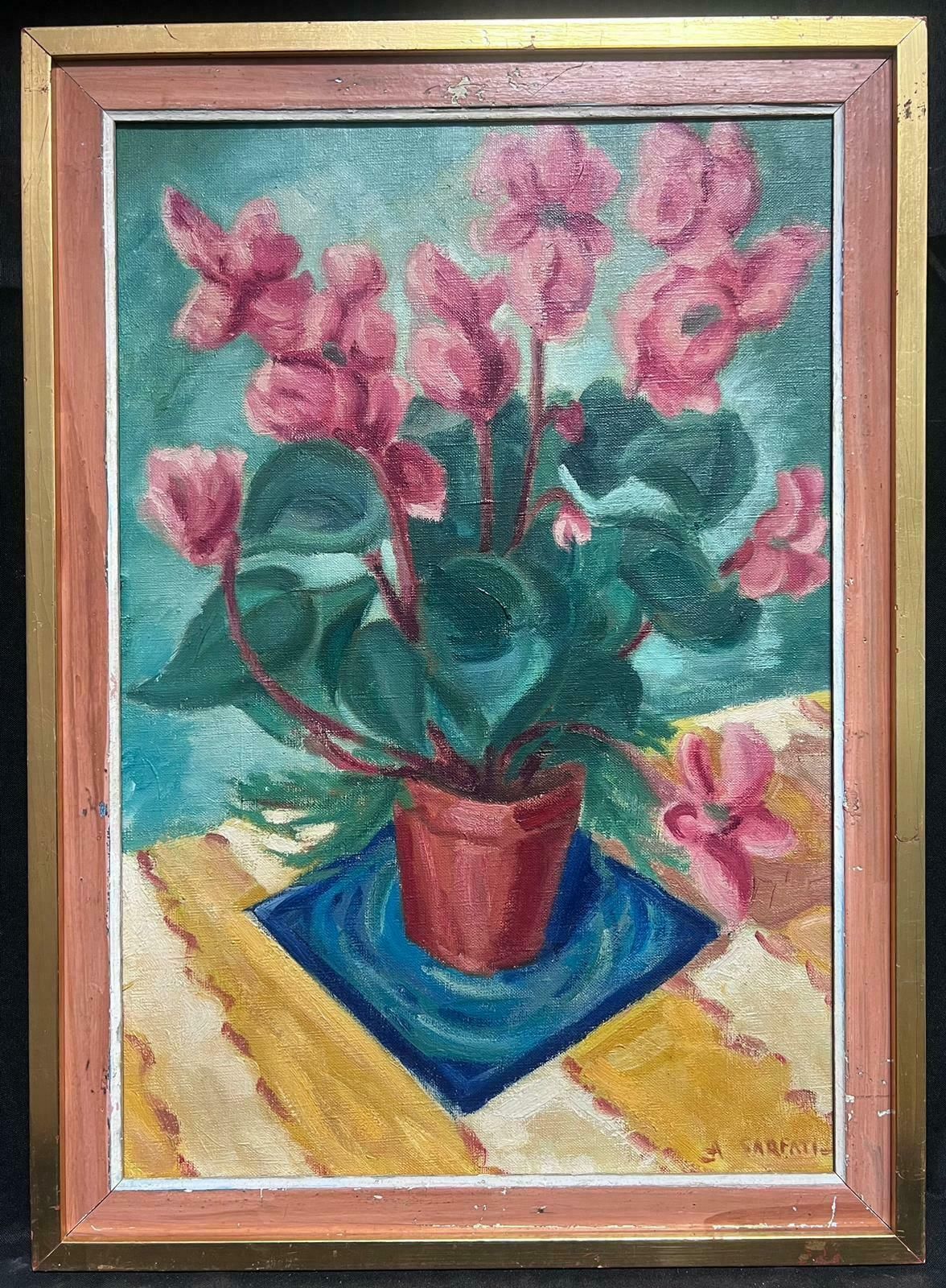 French 1950'smid Century French Signed Oil Cyclamen Flowers In Pot Interiors Still Life1958 photo furniture