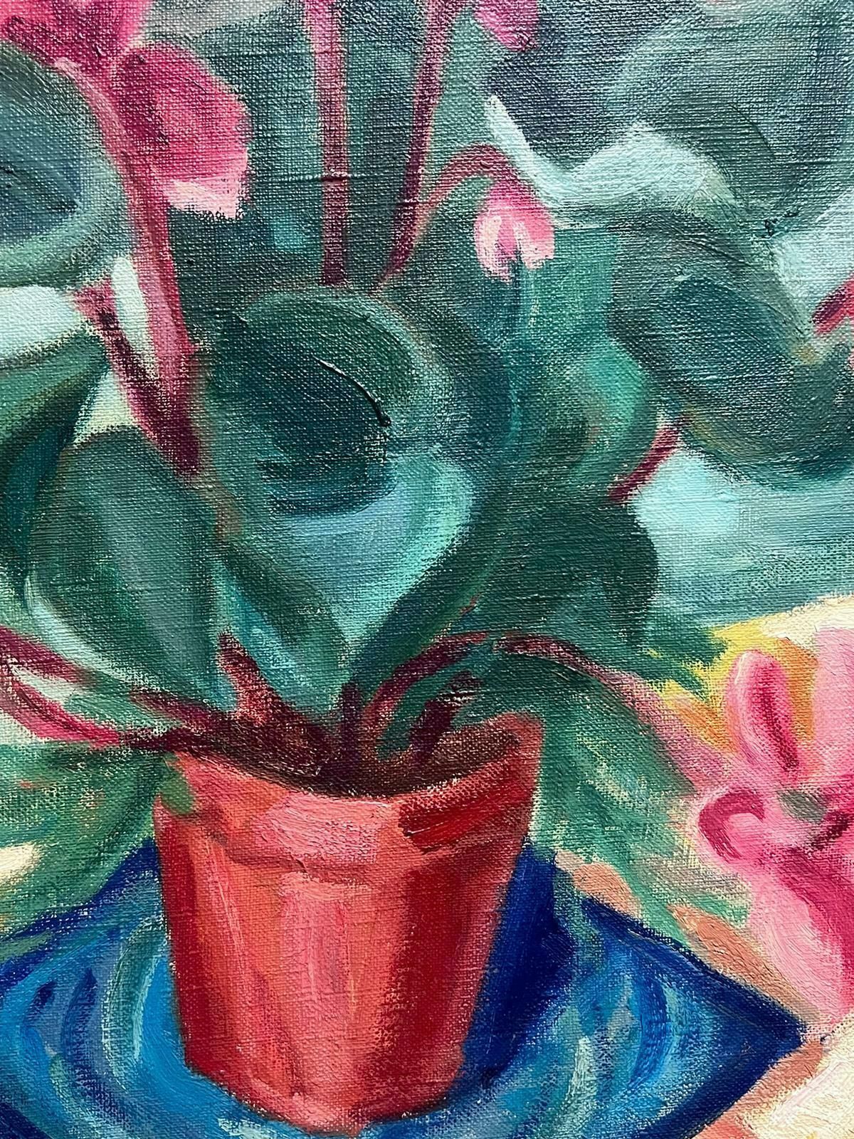 French 1950'smid Century French Signed Oil Cyclamen Flowers In Pot Interiors Still Life1958 photo 837.0