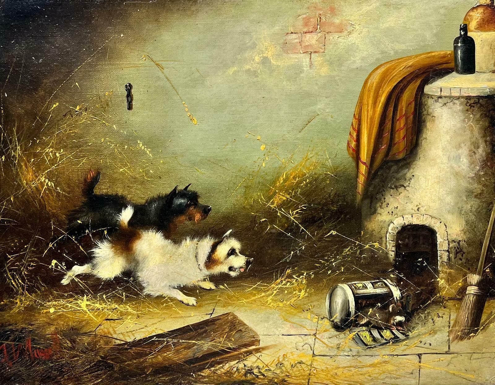 Frank Cassellterrier Dogs Chasing Rat In Stable Barn Interior Signed English Oil Painting