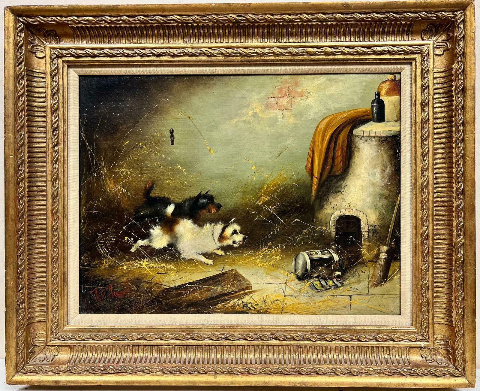 Frank Cassellterrier Dogs Chasing Rat In Stable Barn Interior Signed English Oil Painting photo furniture