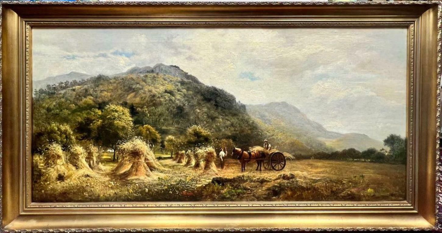 Victorian Britishvery Large Victorian Signed Oil Painting The Harvest Fields Wheatsheaves & Cart photo furniture