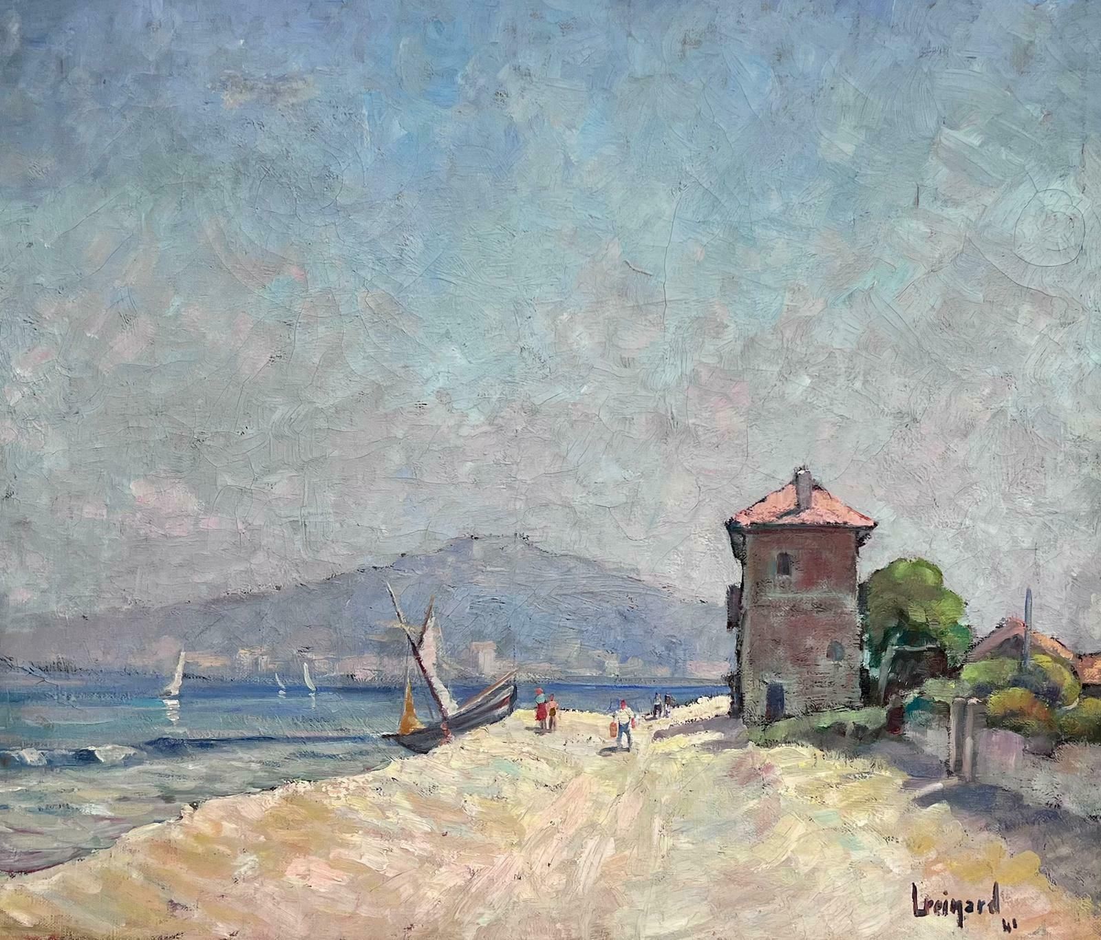 1940's French Artistsigned French Impressionist 1940's Oil Painting Boats Figures On Martigues Beach
