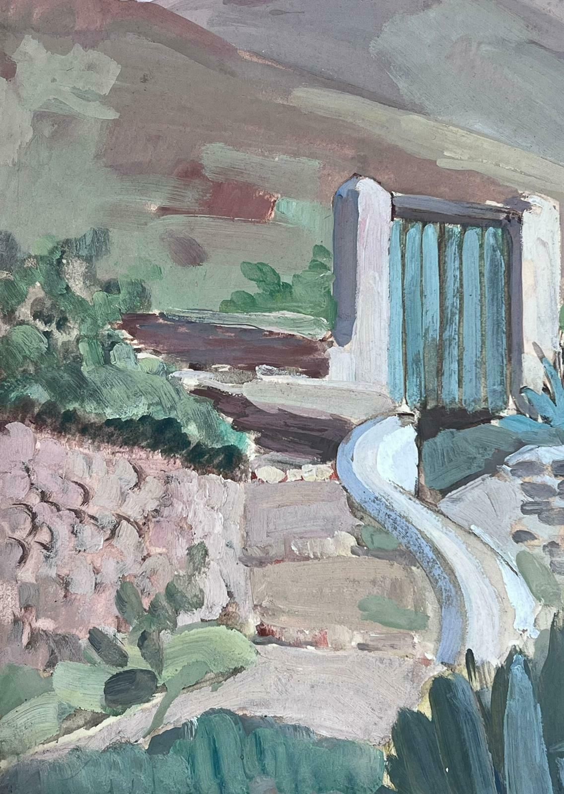 Y Blanchon1950's French Impressionist Painting Red Bridge In Green Mountain Landscape 1950's photo for sale
