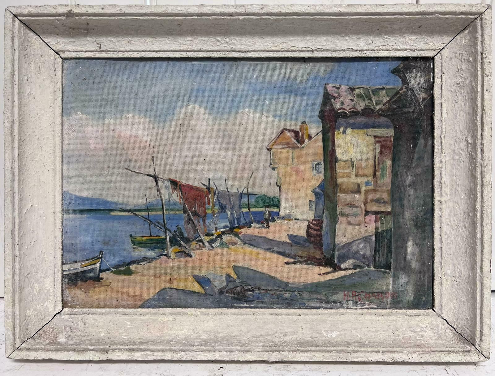 French Schoolmid 20th Century French Signed Oil South Of France Fishing Nets Drying In Harbor photo furniture