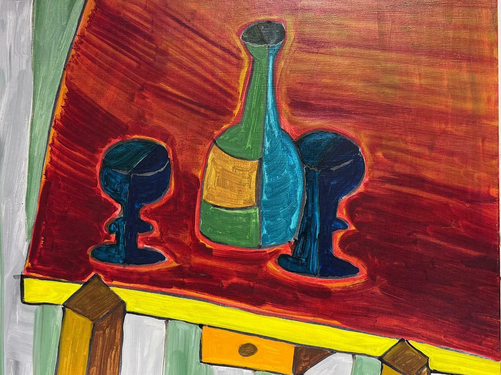 Christian Duriaudcontemporary French Abstract Modernist Painting Still Life Wine Bottle & Glasses photo 357.0