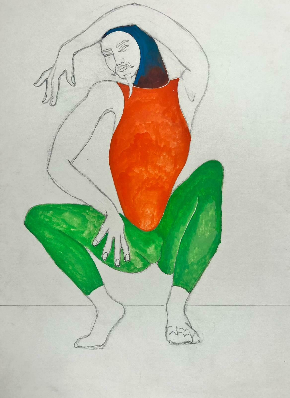 Jean Marc20th Century French Modernist Painting   Yoga Style Figure Green Trousersc. 1980's
