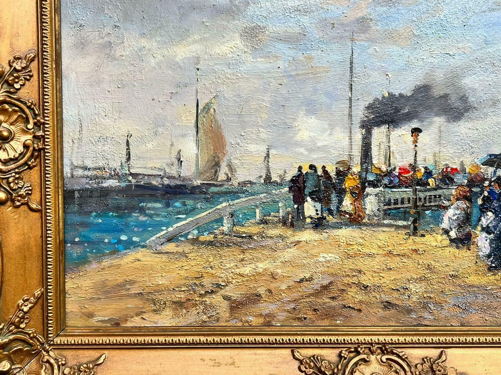French Schoolfrench Impressionist Oil Painting Busy Beach Scene With Figures Boarding Ferry photo Art