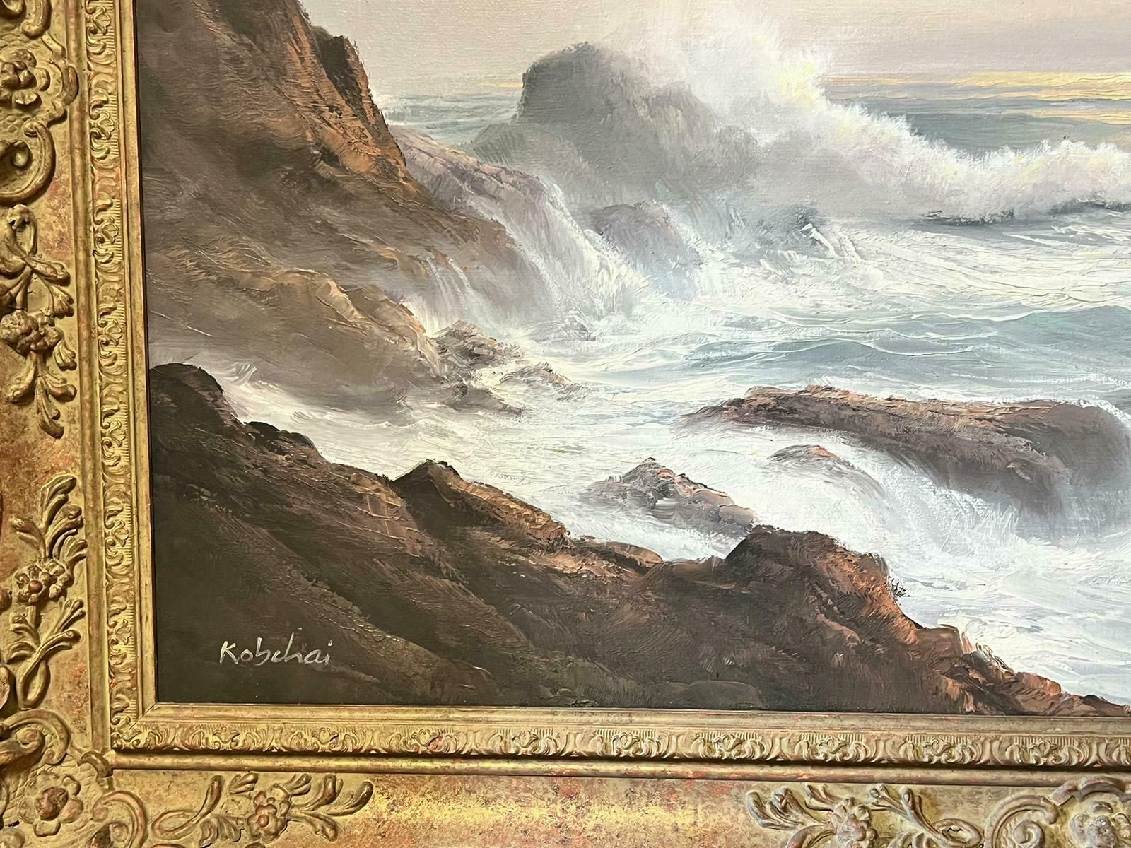 European Artistcrashing Waves Rocky Coast Large Traditional Signed Oil Painting Gilt Frame photo 1629.0