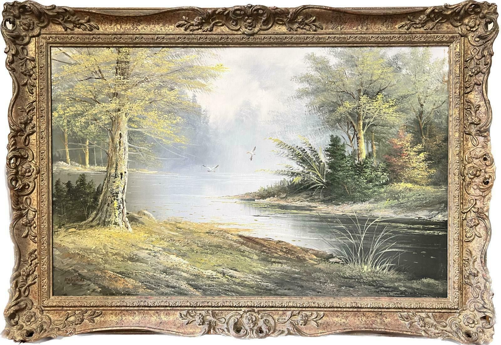 European Artistlarge Traditional Signed Oil Painting Gilt Swept Frame River Woodlands Birds