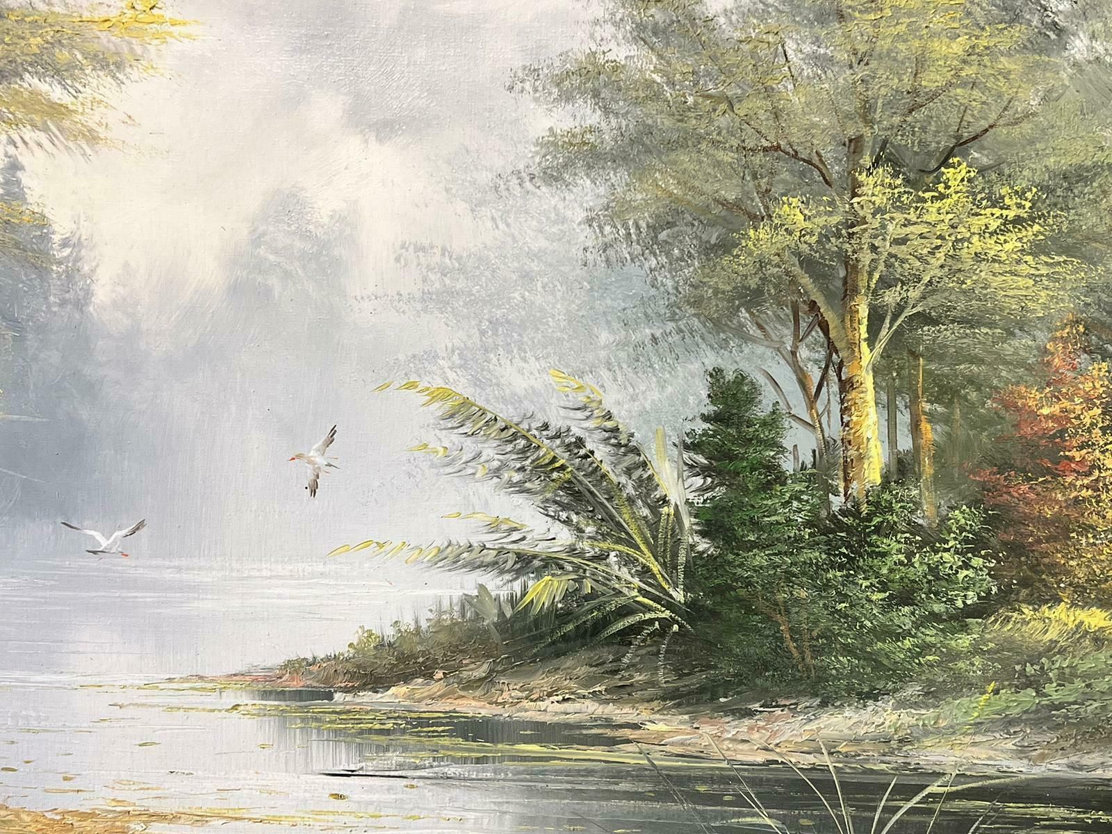 European Artistlarge Traditional Signed Oil Painting Gilt Swept Frame River Woodlands Birds photo Art